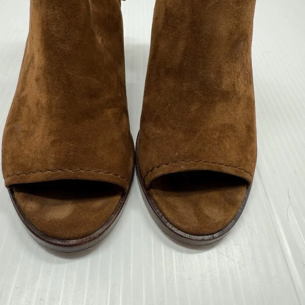 Frye Dani Shield Sling Wood Suede Open Toe Block Heel Booties 6M